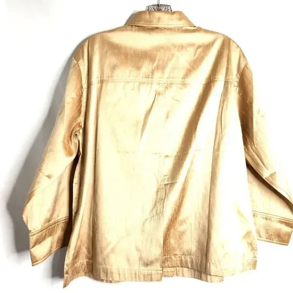 ios Metallic Gold 100% Silk Top Size M Button Up Long Sleeve Classic Elegant - Picture 2 of 11